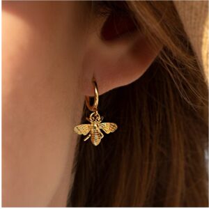 18 K Hallmark Real Solid Yellow Gold Bee Dainty Huggie Hoop Dangle Drop Earrings