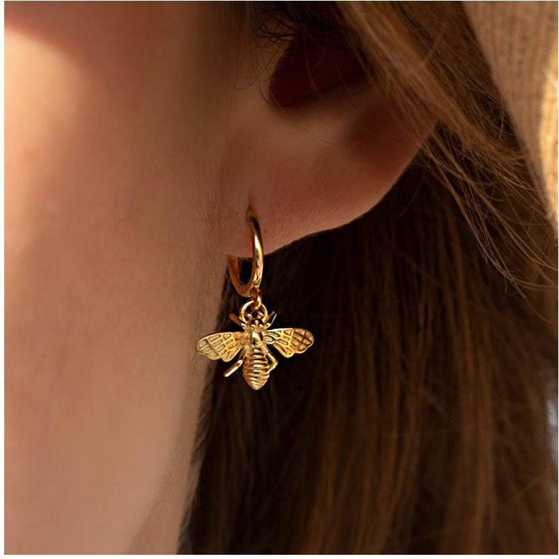 18 K Hallmark Real Solid Yellow Gold Bee Dainty Huggie Hoop Dangle Drop Earrings