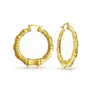 Fine Jewelry 18 Kt Hallmark Real Solid Yellow Gold Bamboo Huggie Hoop Earrings