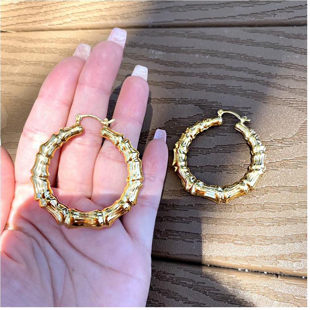 Fine Jewelry 18 Kt Hallmark Real Solid Yellow Gold Bamboo Huggie Hoop Earrings