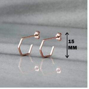 Fine Jewelry 18 Kt Hallmark Real Solid Rose Gold Tiny Hexagon Hoop Stud Earrings