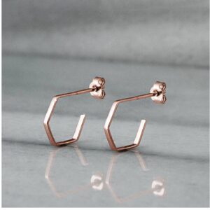 Fine Jewelry 18 Kt Hallmark Real Solid Rose Gold Tiny Hexagon Hoop Stud Earrings