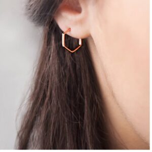 Fine Jewelry 18 Kt Hallmark Real Solid Rose Gold Tiny Hexagon Hoop Stud Earrings