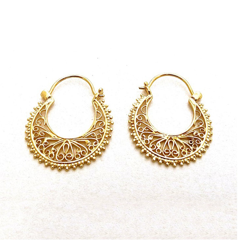 18 K Hallmark Real Solid Yellow Gold Filigree Boho Women's Hoop Earrings 10 Gms - Image 2