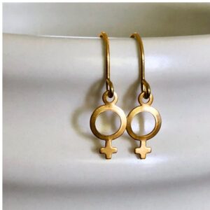 18 Kt Real Solid Yellow Gold Feminist Venus Symbol Dangle Drop Hook Earrings 6g