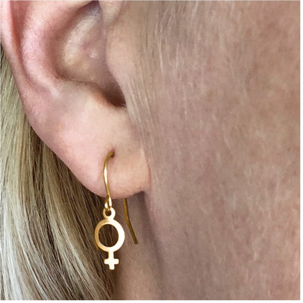 18 Kt Real Solid Yellow Gold Feminist Venus Symbol Dangle Drop Hook Earrings 6g