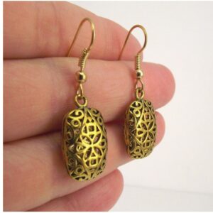 18 Kt Real Solid Yellow Gold Puffed Antiqued Dangle Drop Women's Hook Earrings