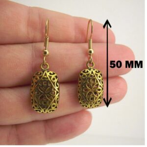 18 Kt Real Solid Yellow Gold Puffed Antiqued Dangle Drop Women's Hook Earrings