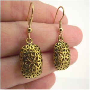 18 Kt Real Solid Yellow Gold Puffed Antiqued Dangle Drop Women's Hook Earrings