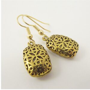 18 Kt Real Solid Yellow Gold Puffed Antiqued Dangle Drop Women's Hook Earrings