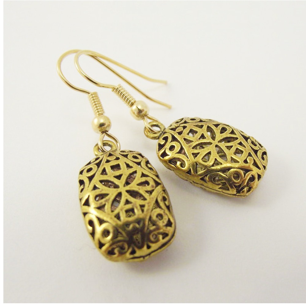 18 Kt Real Solid Yellow Gold Puffed Antiqued Dangle Drop Women's Hook Earrings