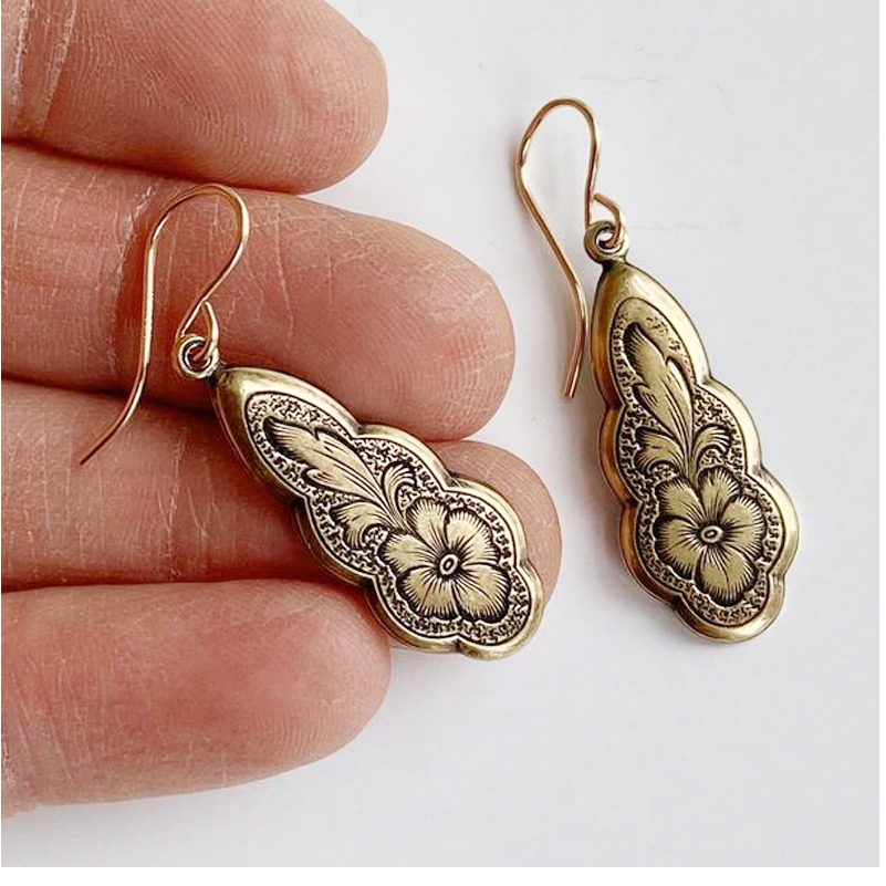 18 Kt Real Solid Yellow Gold Victorian Art Nouveau Dangle Drop Women'S Earrings