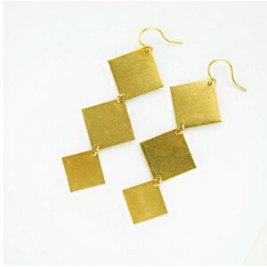 18 Kt Real Solid Yellow Gold Geometric Square Cube Long Dangle Drop Earrings