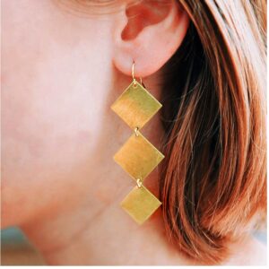 18 Kt Real Solid Yellow Gold Geometric Square Cube Long Dangle Drop Earrings