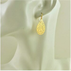 18 Kt Real Solid Yellow Gold Filigree Teardrop Bridesmaids Dangle Drop Earrings