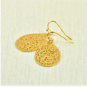 18 Kt Real Solid Yellow Gold Filigree Teardrop Bridesmaids Dangle Drop Earrings