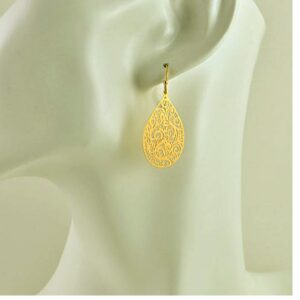 18 Kt Real Solid Yellow Gold Filigree Teardrop Bridesmaids Dangle Drop Earrings