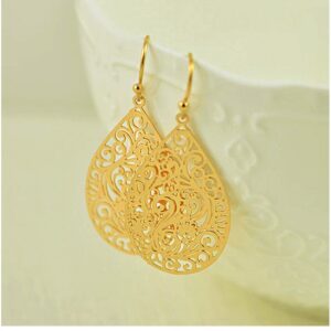 18 Kt Real Solid Yellow Gold Filigree Teardrop Bridesmaids Dangle Drop Earrings