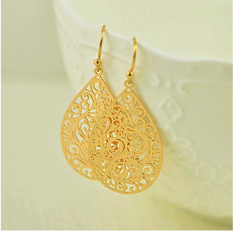 18 Kt Real Solid Yellow Gold Filigree Teardrop Bridesmaids Dangle Drop Earrings
