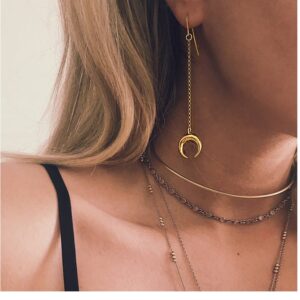 18 Kt Hallmark Real Solid Yellow Gold Horns Boho Moon Dangle Drop Earrings