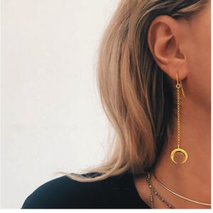 18 Kt Hallmark Real Solid Yellow Gold Horns Boho Moon Dangle Drop Earrings