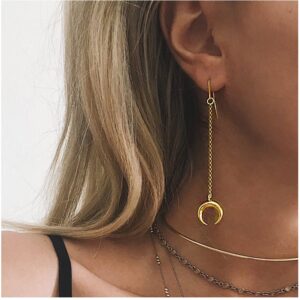 18 Kt Hallmark Real Solid Yellow Gold Horns Boho Moon Dangle Drop Earrings