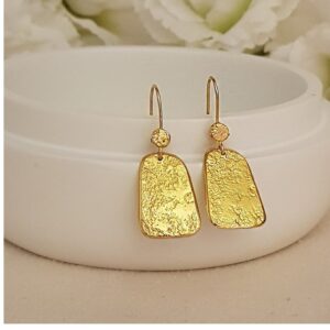 18 Kt Hallmark Real Solid Yellow Gold Bohemian Hammered Dangle Drop Earrings