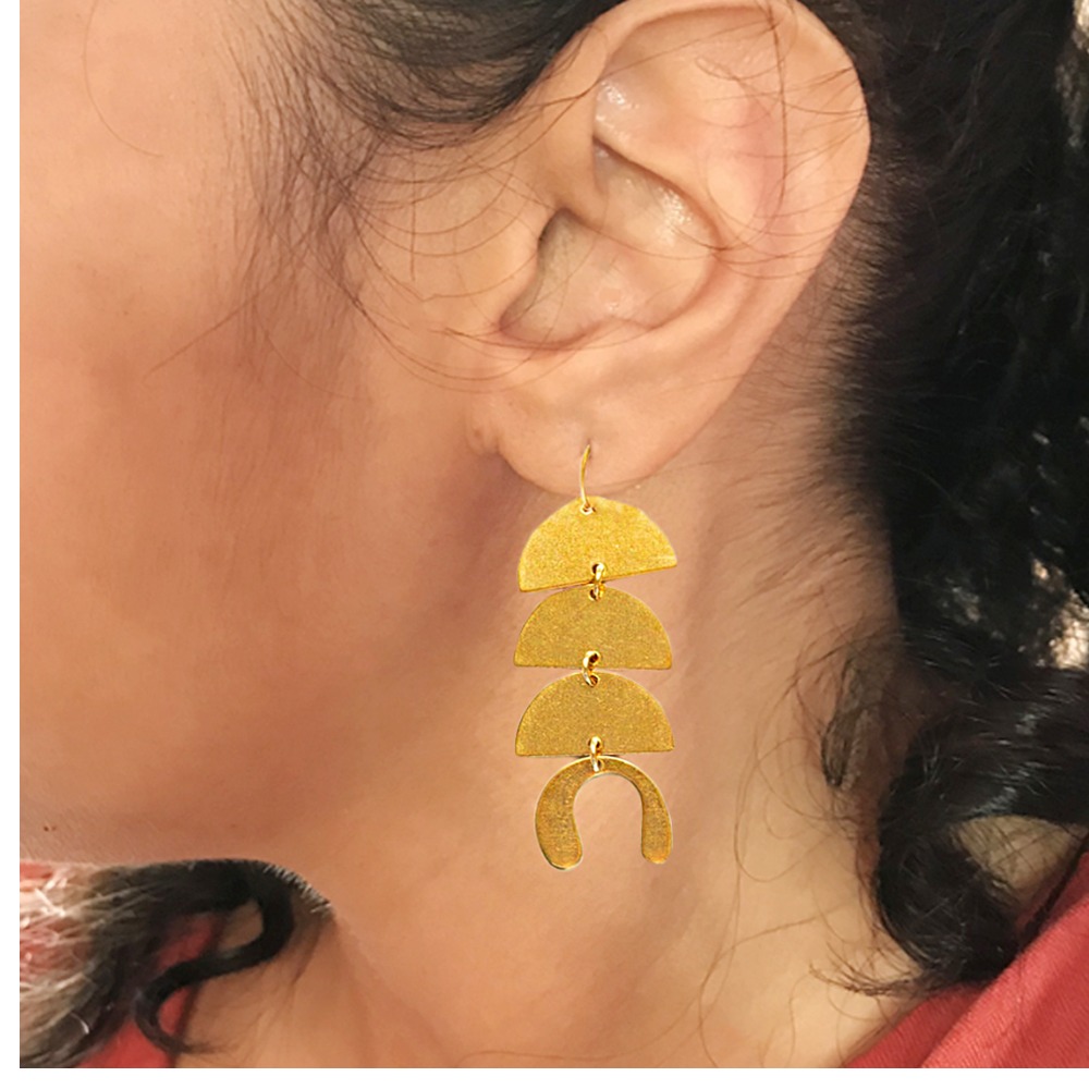18 Kt Hallmark Real Solid Yellow Gold Geometric Half Moon Dangle Drop Earrings