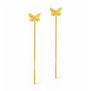 18 Kt Hallmark Real Solid Yellow Gold Butterfly Dangle Drop Threader Earrings