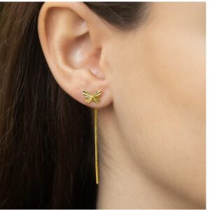 18 Kt Hallmark Real Solid Yellow Gold Butterfly Dangle Drop Threader Earrings