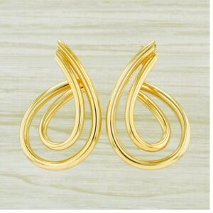 18 Kt Hallmark Real Solid Yellow Gold Swirl Teardrop Dangle Drop Stud Earrings