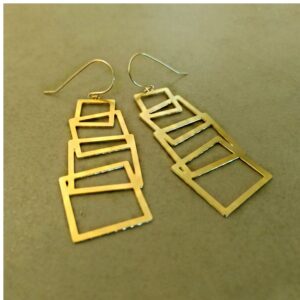 Fine Jewelry 18 K Hallmark Real Solid Yellow Gold Geometric Dangle Drop Earrings