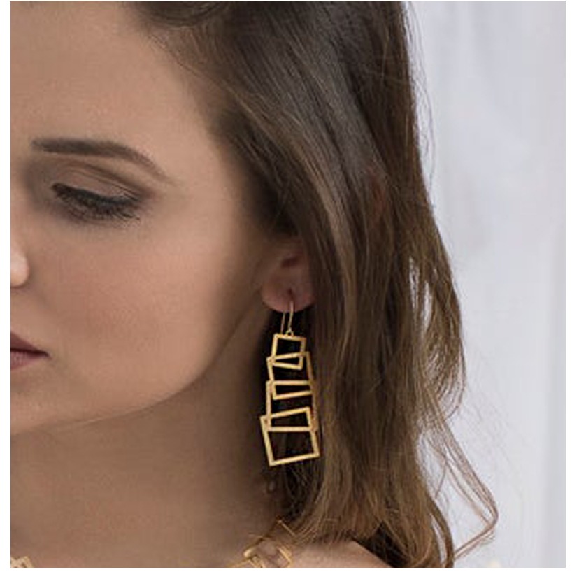 Fine Jewelry 18 K Hallmark Real Solid Yellow Gold Geometric Dangle Drop Earrings