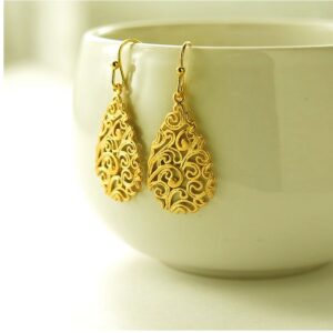 18 Kt Hallmark Real Solid Yellow Gold Paisley Teardrop Hook Dangle Drop Earrings
