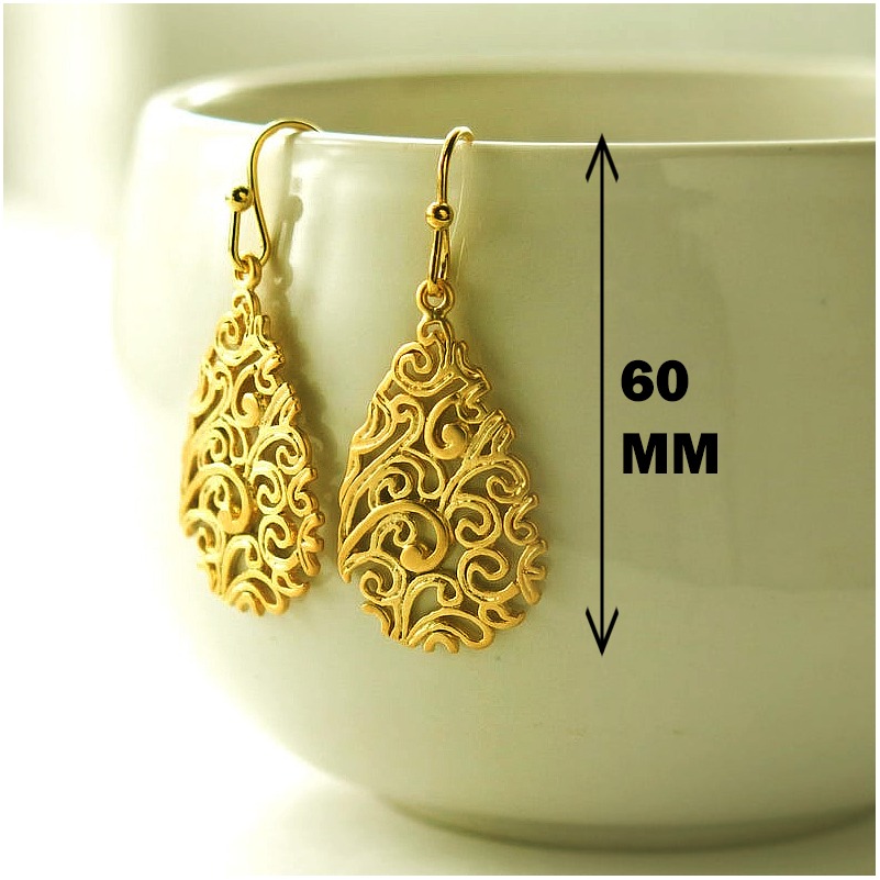 18 Kt Hallmark Real Solid Yellow Gold Paisley Teardrop Hook Dangle Drop Earrings - Image 2