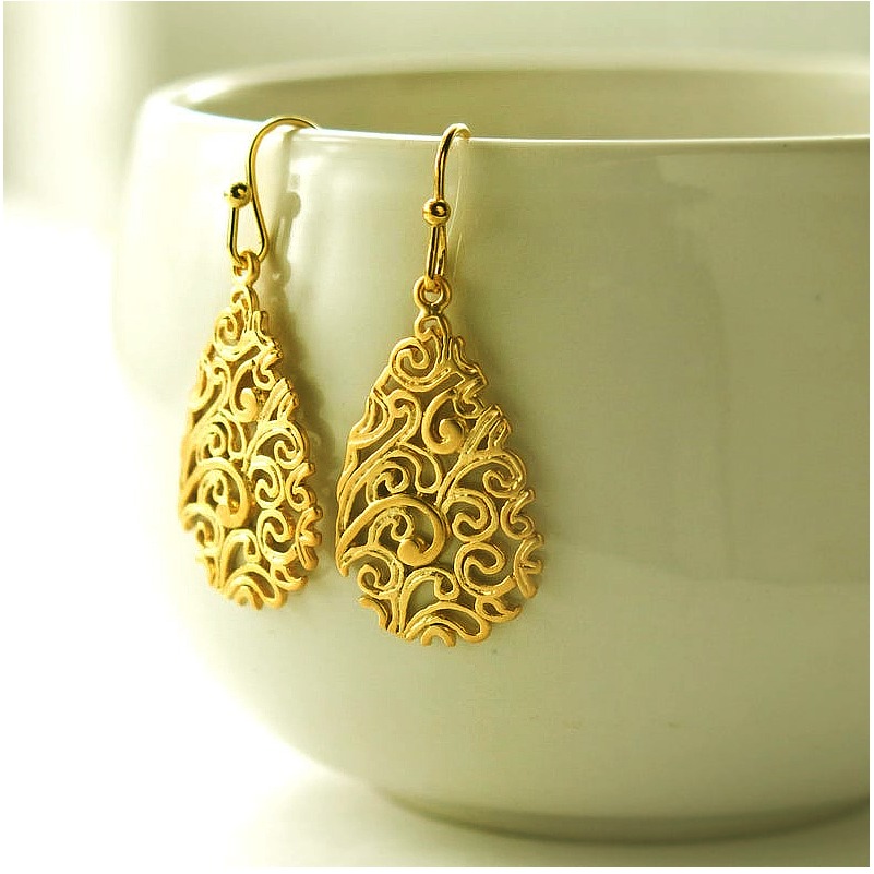 18 Kt Hallmark Real Solid Yellow Gold Paisley Teardrop Hook Dangle Drop Earrings