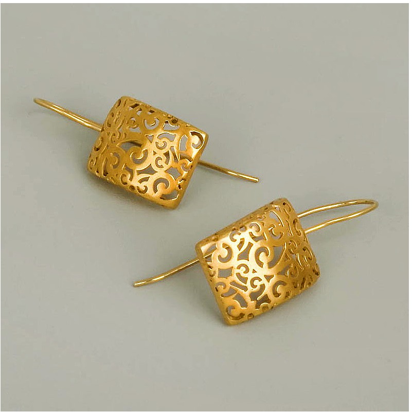 18 Kt Hallmark Real Solid Yellow Gold Filigree Cutout Lace Dangle Drop Earrings - Image 2