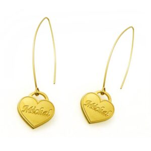 18 Kt Solid Yellow Gold Personalized Name Monogram Heart Dangle Drop Earrings