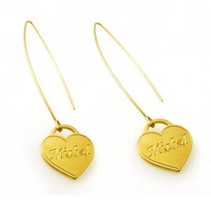 18 Kt Solid Yellow Gold Personalized Name Monogram Heart Dangle Drop Earrings