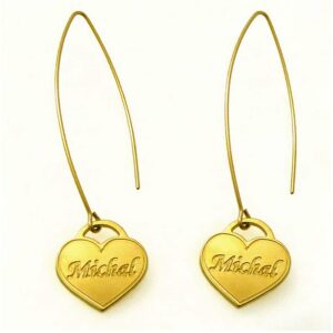 18 Kt Solid Yellow Gold Personalized Name Monogram Heart Dangle Drop Earrings