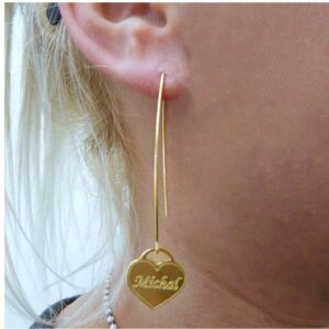 18 Kt Solid Yellow Gold Personalized Name Monogram Heart Dangle Drop Earrings