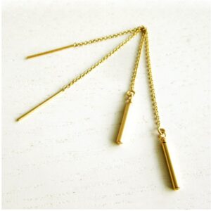 18 Kt Solid Yellow Gold Long Line Threader Chain Needle Dangle Drop Earrings