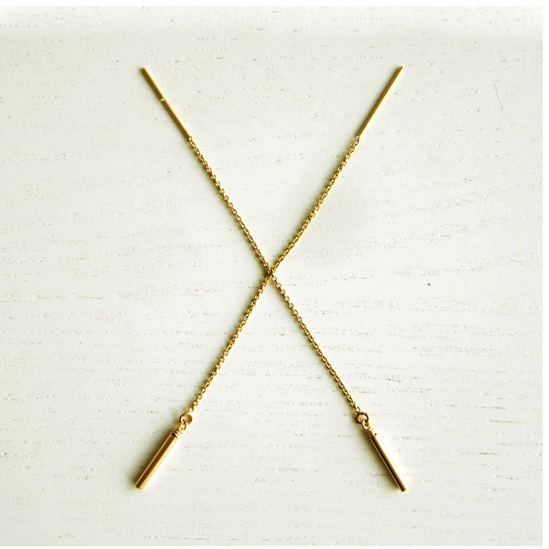 18 Kt Solid Yellow Gold Long Line Threader Chain Needle Dangle Drop Earrings - Image 2
