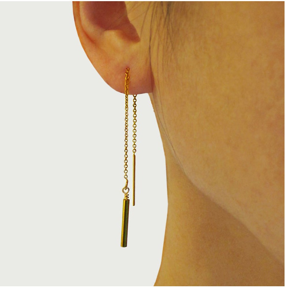 18 Kt Solid Yellow Gold Long Line Threader Chain Needle Dangle Drop Earrings