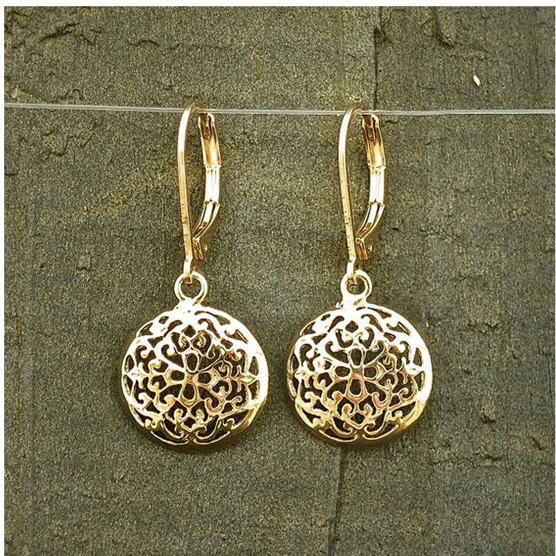 18 Kt Hallmark Real Solid Yellow Gold Mandala Bohemian Dangle Drop Hoop Earrings