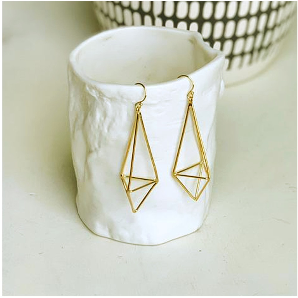 18 Kt Hallmark Real Solid Yellow Gold Geometric Geo Kite Dangle Drop Earrings - Image 4