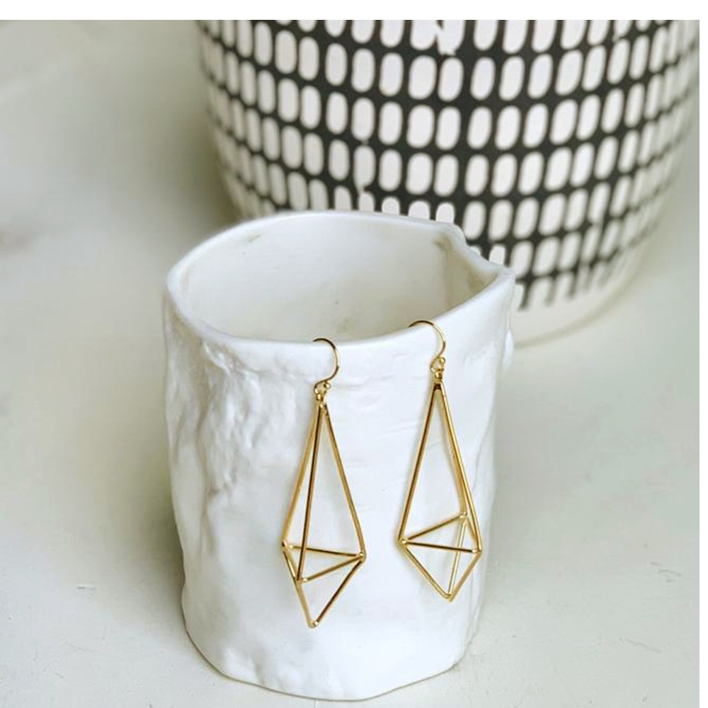18 Kt Hallmark Real Solid Yellow Gold Geometric Geo Kite Dangle Drop Earrings - Image 3