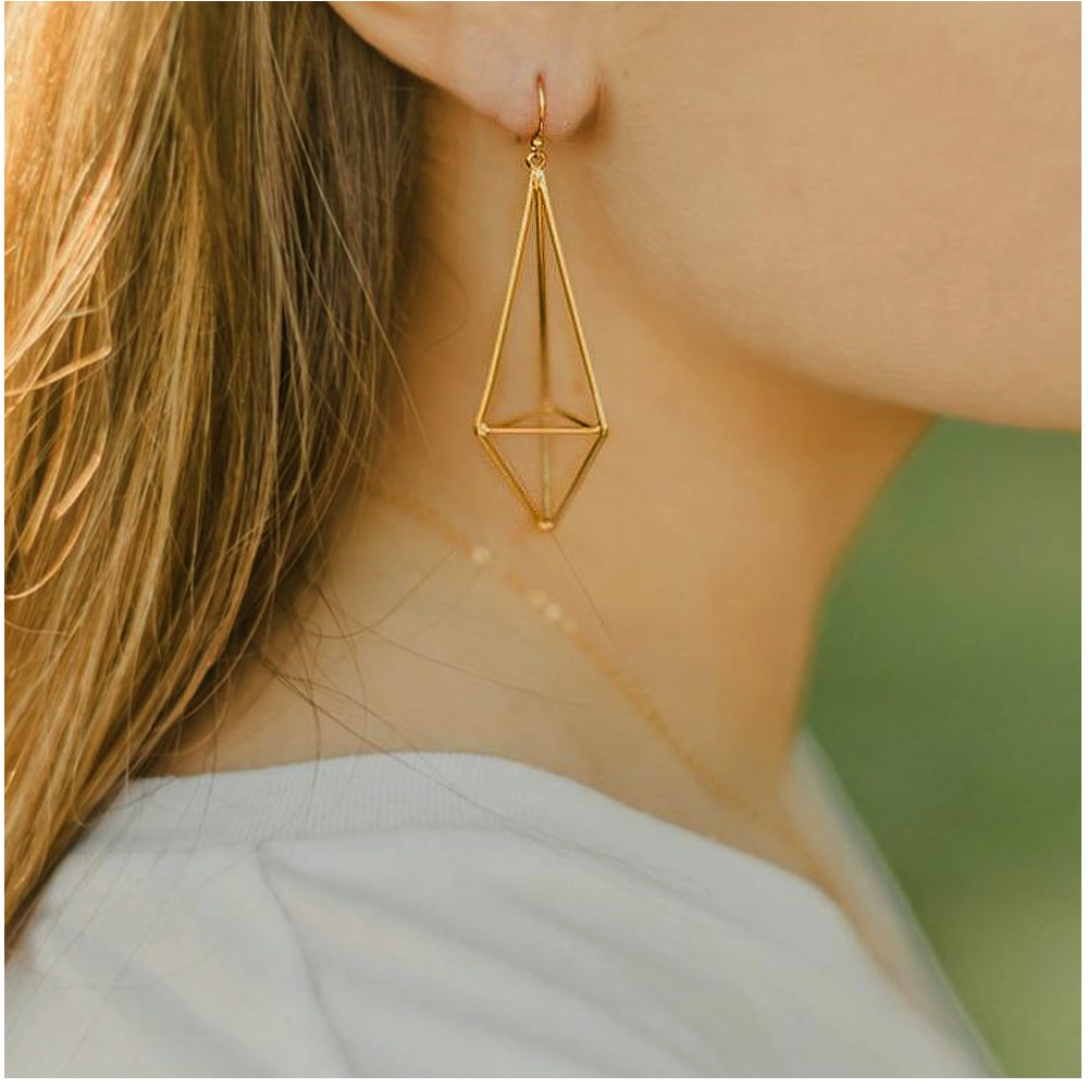 18 Kt Hallmark Real Solid Yellow Gold Geometric Geo Kite Dangle Drop Earrings