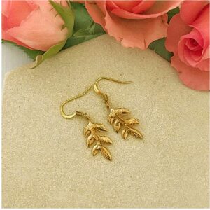 18 Kt Hallmark Real Solid Yellow Gold Botanical Leaf Dangle Drop Hoop Earrings