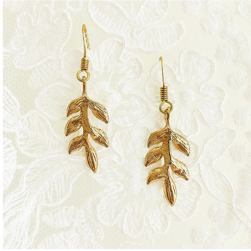 18 Kt Hallmark Real Solid Yellow Gold Botanical Leaf Dangle Drop Hoop Earrings - Image 2